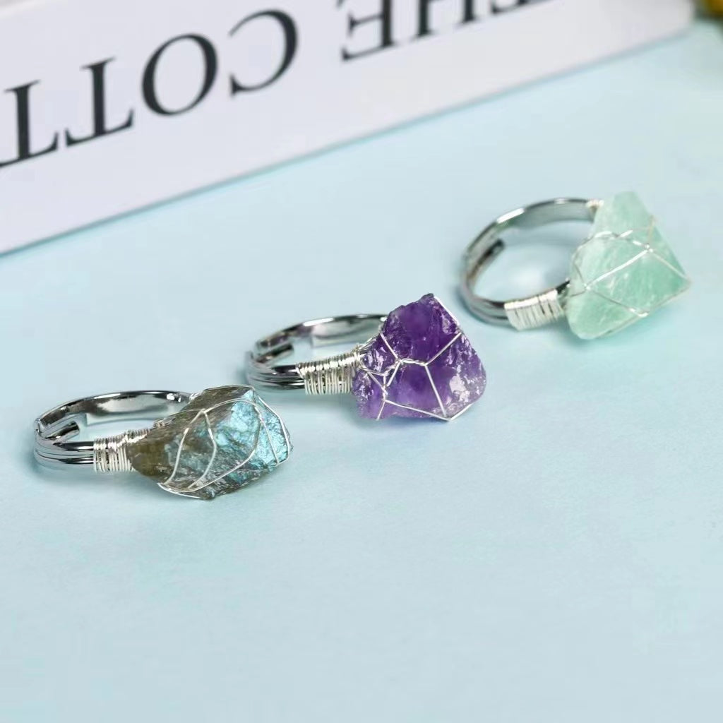 1 Pcs Crystal raw stone with copper wire adjustable ring for girls