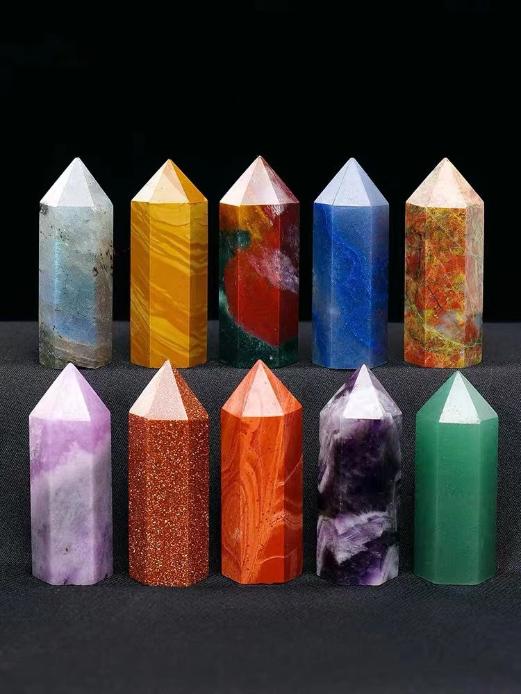 1 pcs Various materials of natural crystal tower powder yellow black amethyst column decoration home decoration landscape degaussing six-edge single-pointed column