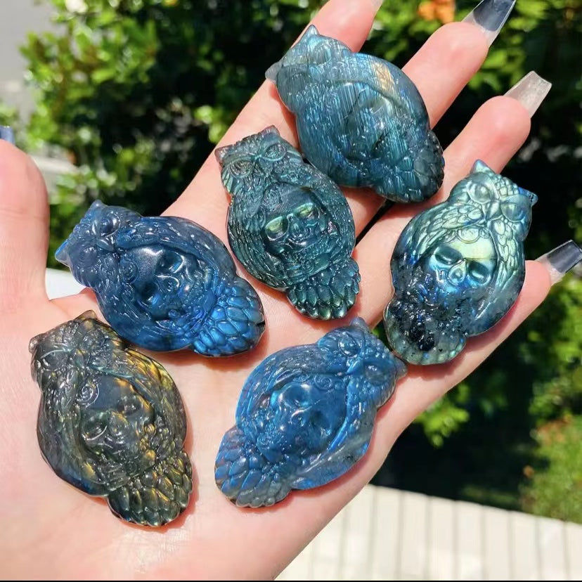 Natural labradorite carvings selling owl ornaments