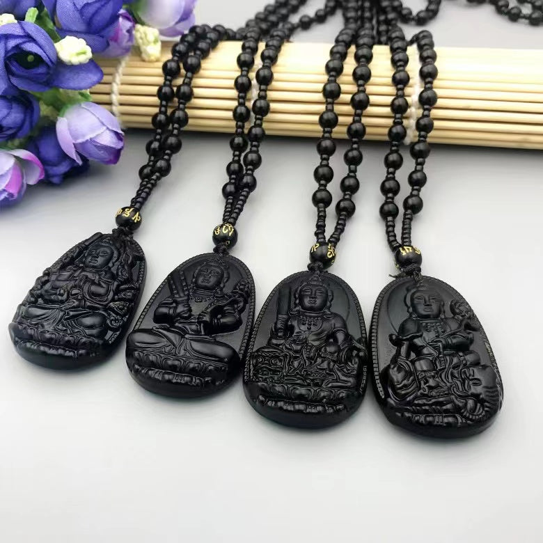 1 Pcs Natural obsidian life Buddha necklace eight patron saint pendant