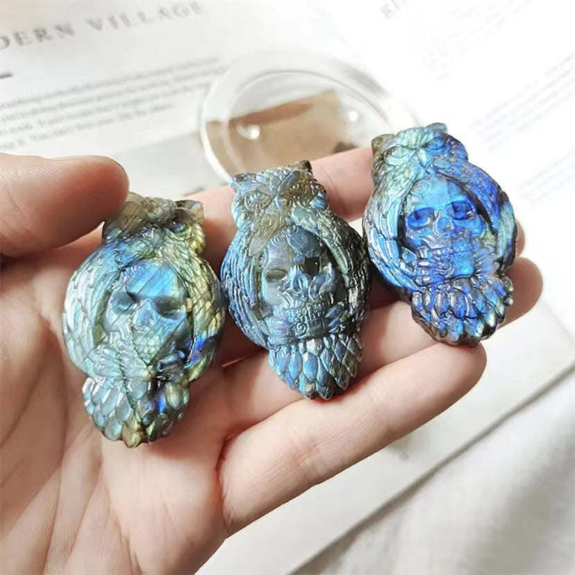 Natural labradorite carvings selling owl ornaments