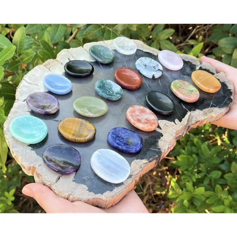 Natural crystal worry stone thumb massage stone ellipse natural jade blue gold stone tiger eye stone relief lotus stone