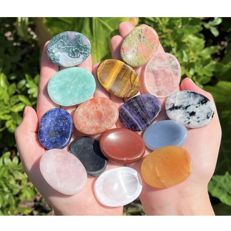 Natural crystal worry stone thumb massage stone ellipse natural jade blue gold stone tiger eye stone relief lotus stone