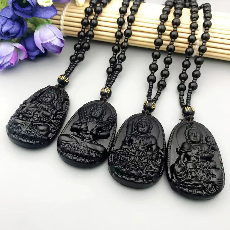 1 Pcs Natural obsidian life Buddha necklace eight patron saint pendant