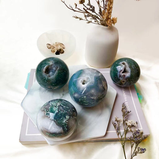 Natural crystal sphere moss agate sphere decoration raw stone polishing