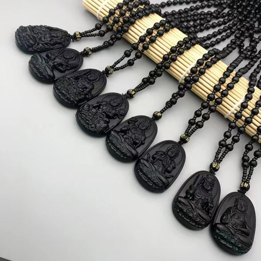 1 Pcs Natural obsidian life Buddha necklace eight patron saint pendant