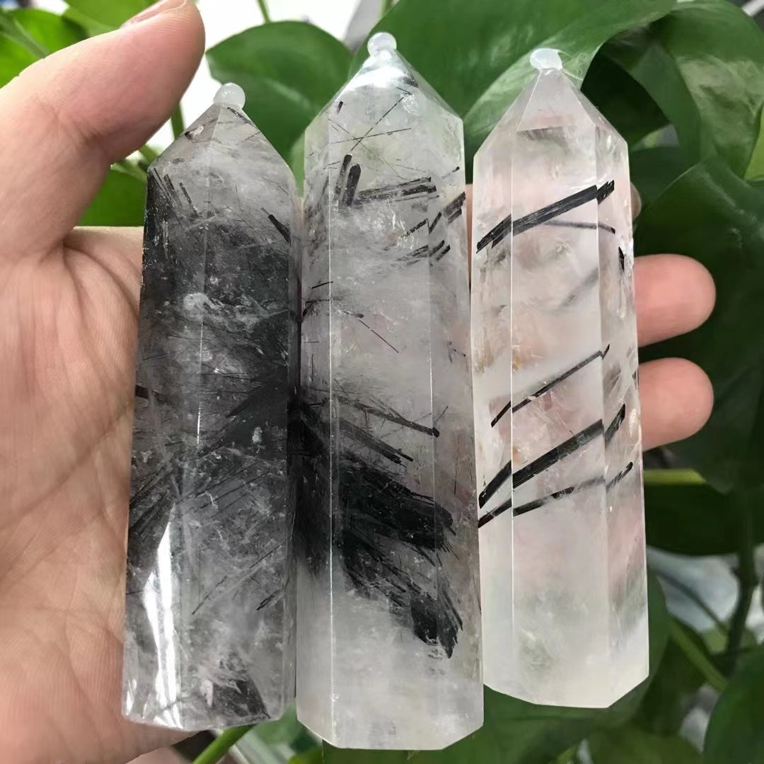 1pcs Natural black tourmaline tower symbiotic hexagonal ornament single pointed living room office