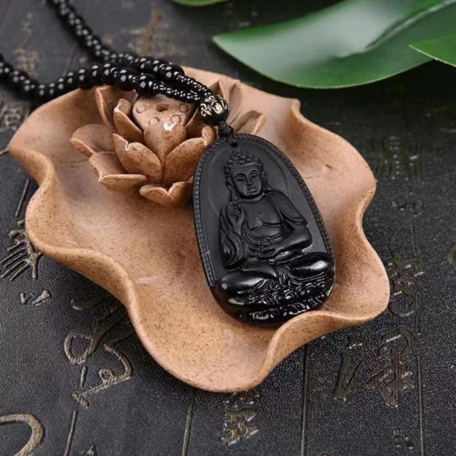 1 Pcs Natural obsidian life Buddha necklace eight patron saint pendant