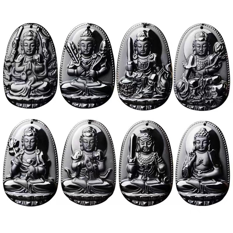 1 Pcs Natural obsidian life Buddha necklace eight patron saint pendant