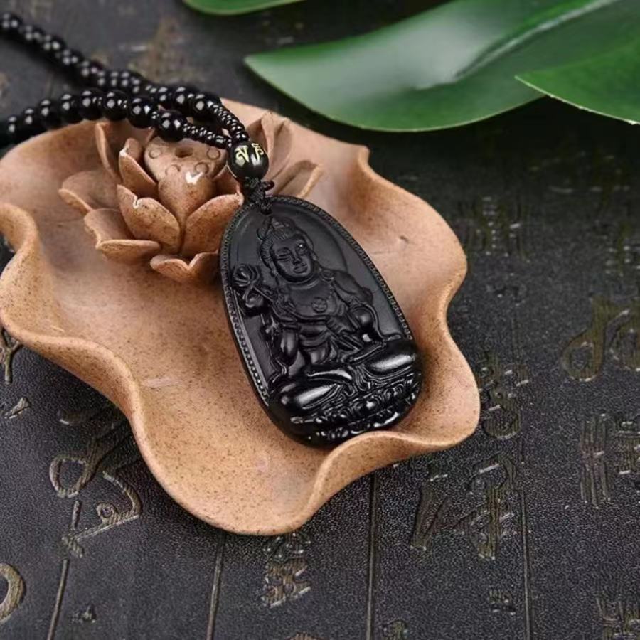 1 Pcs Natural obsidian life Buddha necklace eight patron saint pendant