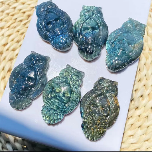 Natural labradorite carvings selling owl ornaments