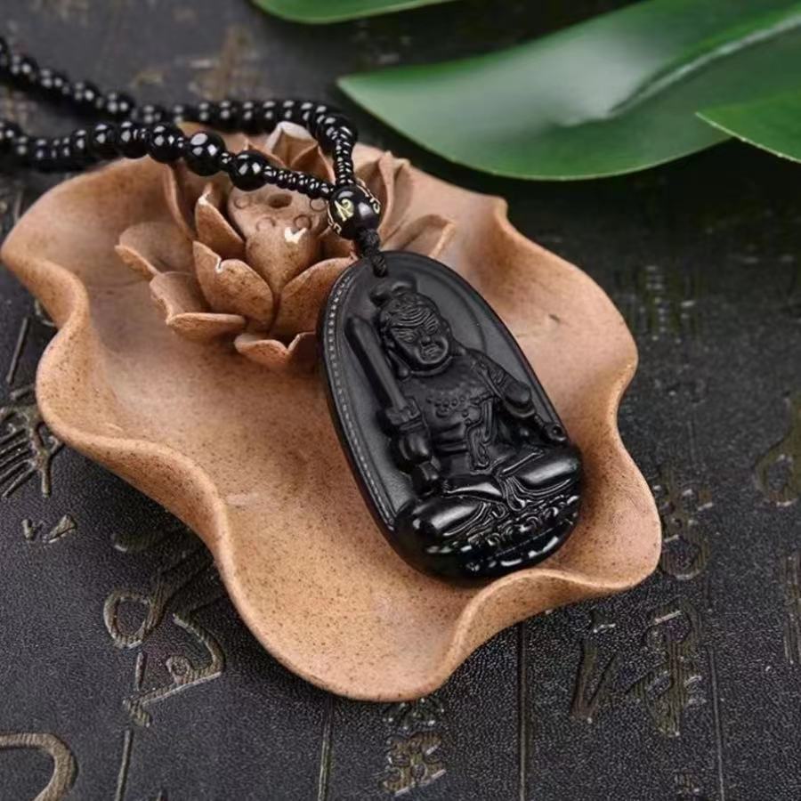 1 Pcs Natural obsidian life Buddha necklace eight patron saint pendant