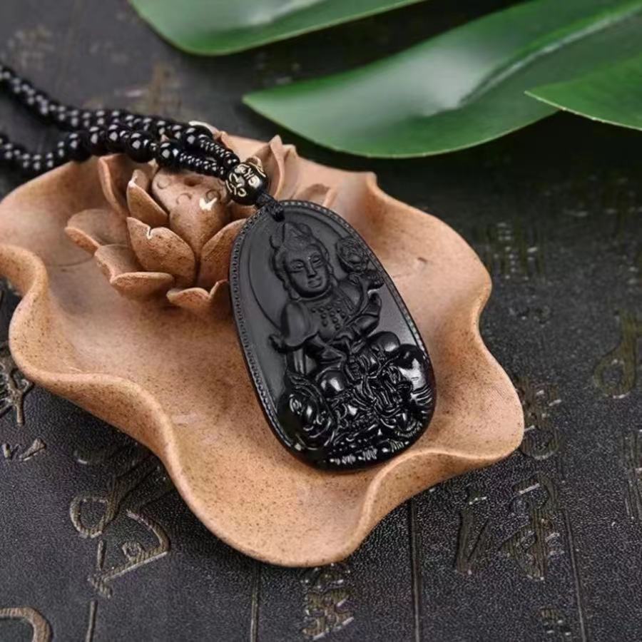 1 Pcs Natural obsidian life Buddha necklace eight patron saint pendant