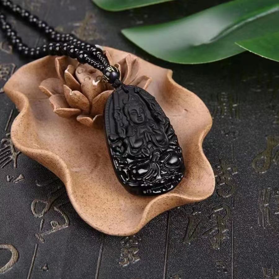 1 Pcs Natural obsidian life Buddha necklace eight patron saint pendant