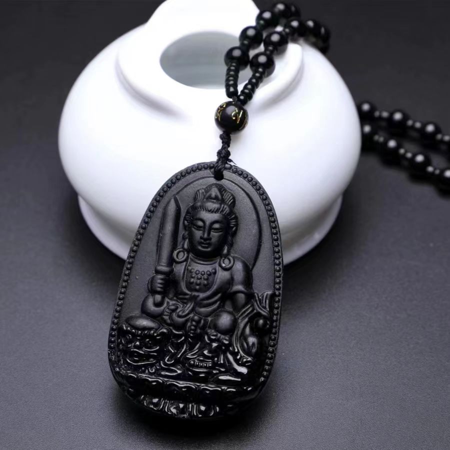 1 Pcs Natural obsidian life Buddha necklace eight patron saint pendant