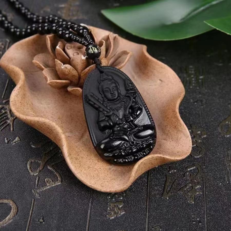 1 Pcs Natural obsidian life Buddha necklace eight patron saint pendant